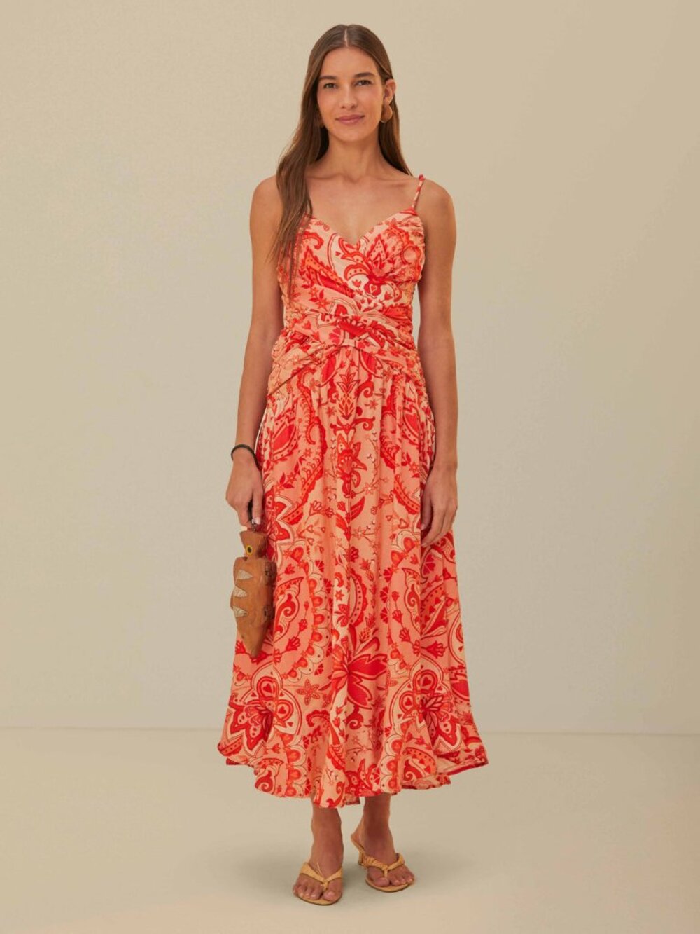 Farm Rio Red Jaipur Crossover Ruched Linen Blend Maxi Dress Small